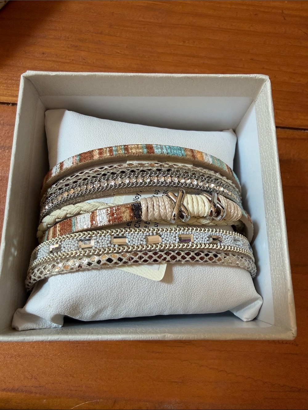 Saachi Multi-Row Neutral and Turquoise Wrap Bracelet, NWT, 7 1/2”